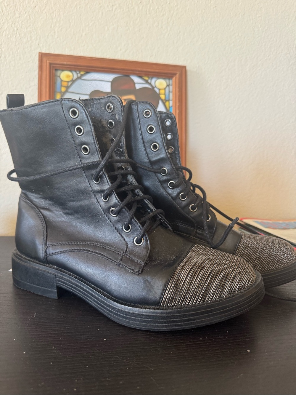 Nordstrom Black Leather Combat Boots with Metallic Toe Cap